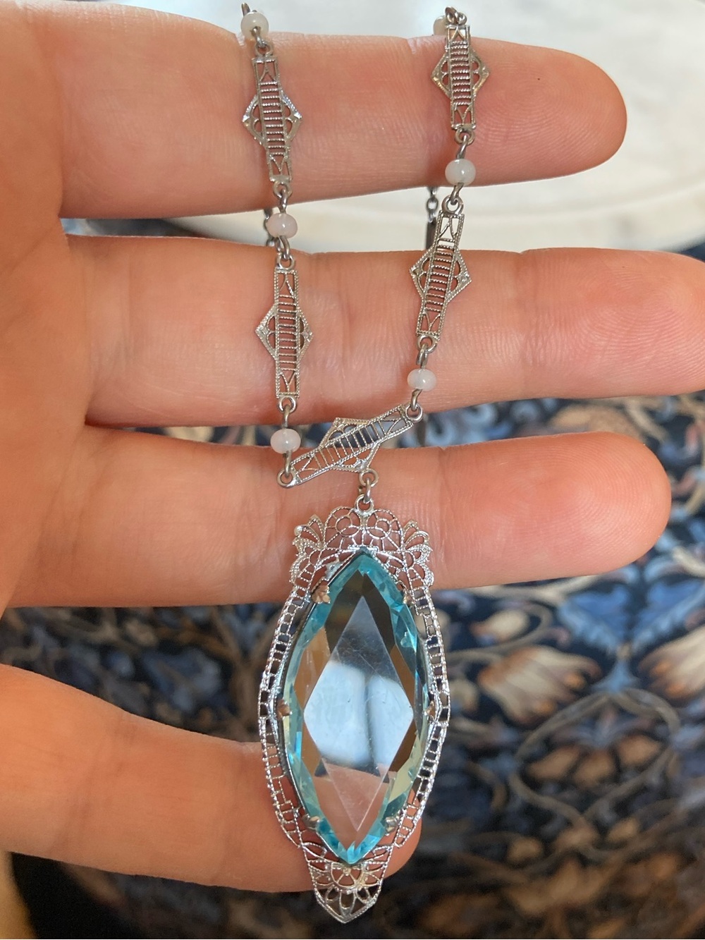 Antique Edwardian Choker Paste Aquamarine Blue Lavaliere Necklace “xxx” Motifs